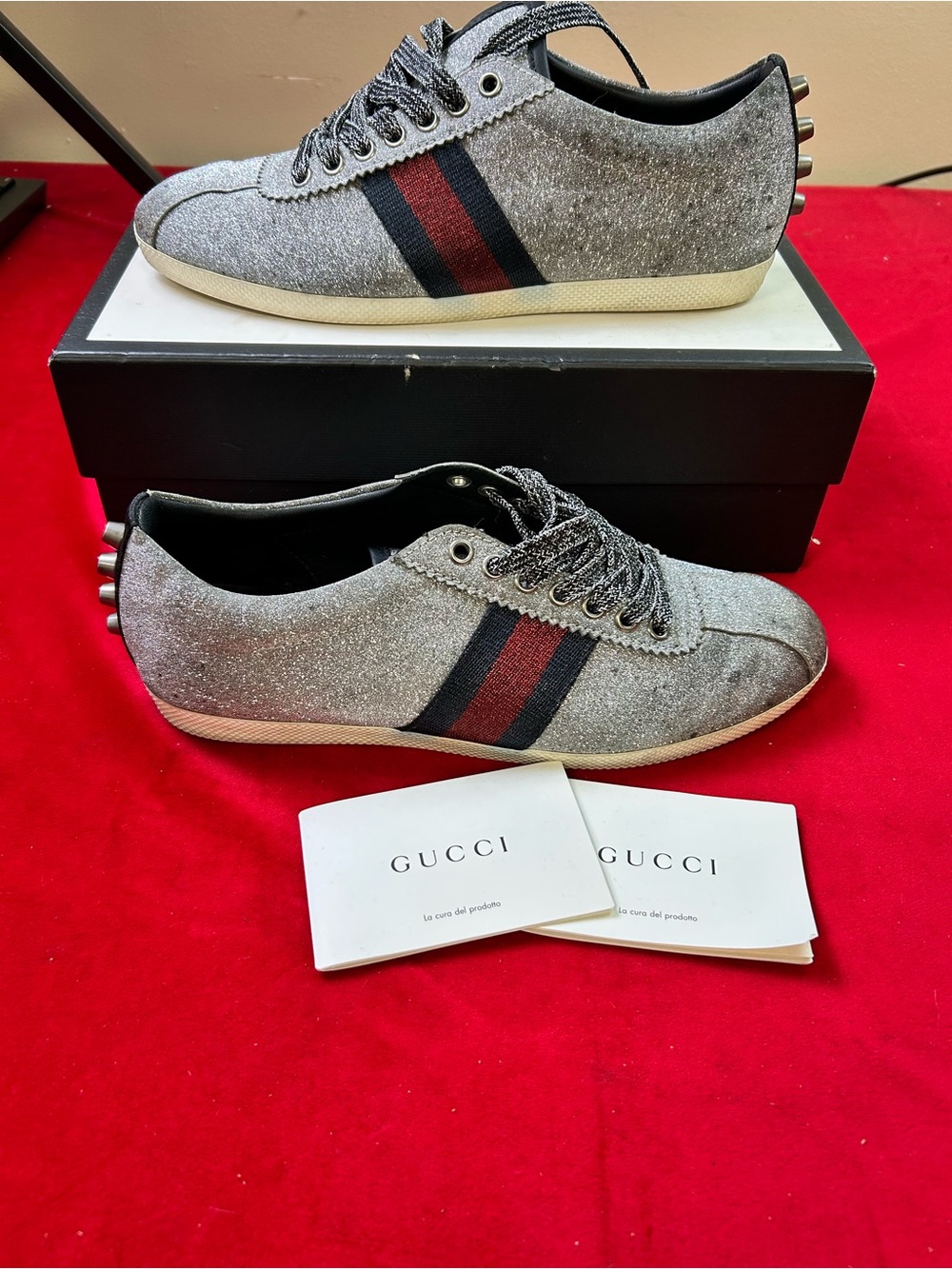 Gucci Silver Glitter Low-Top Sneakers with Red & Blue Web Stripe